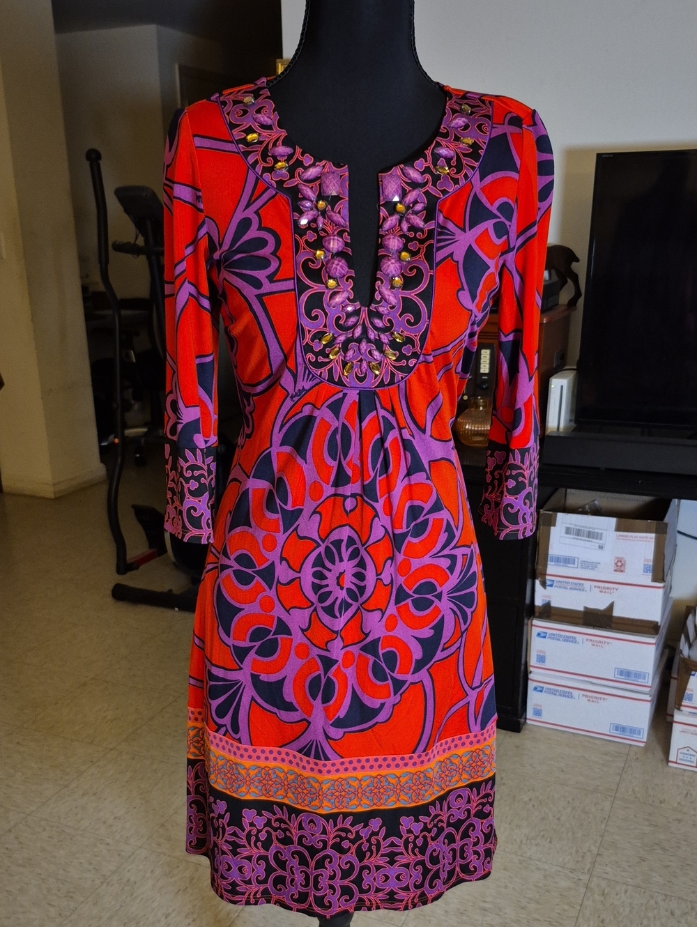 Hale Bob Red & Purple Printed Midi Dress with Embellished Neckline